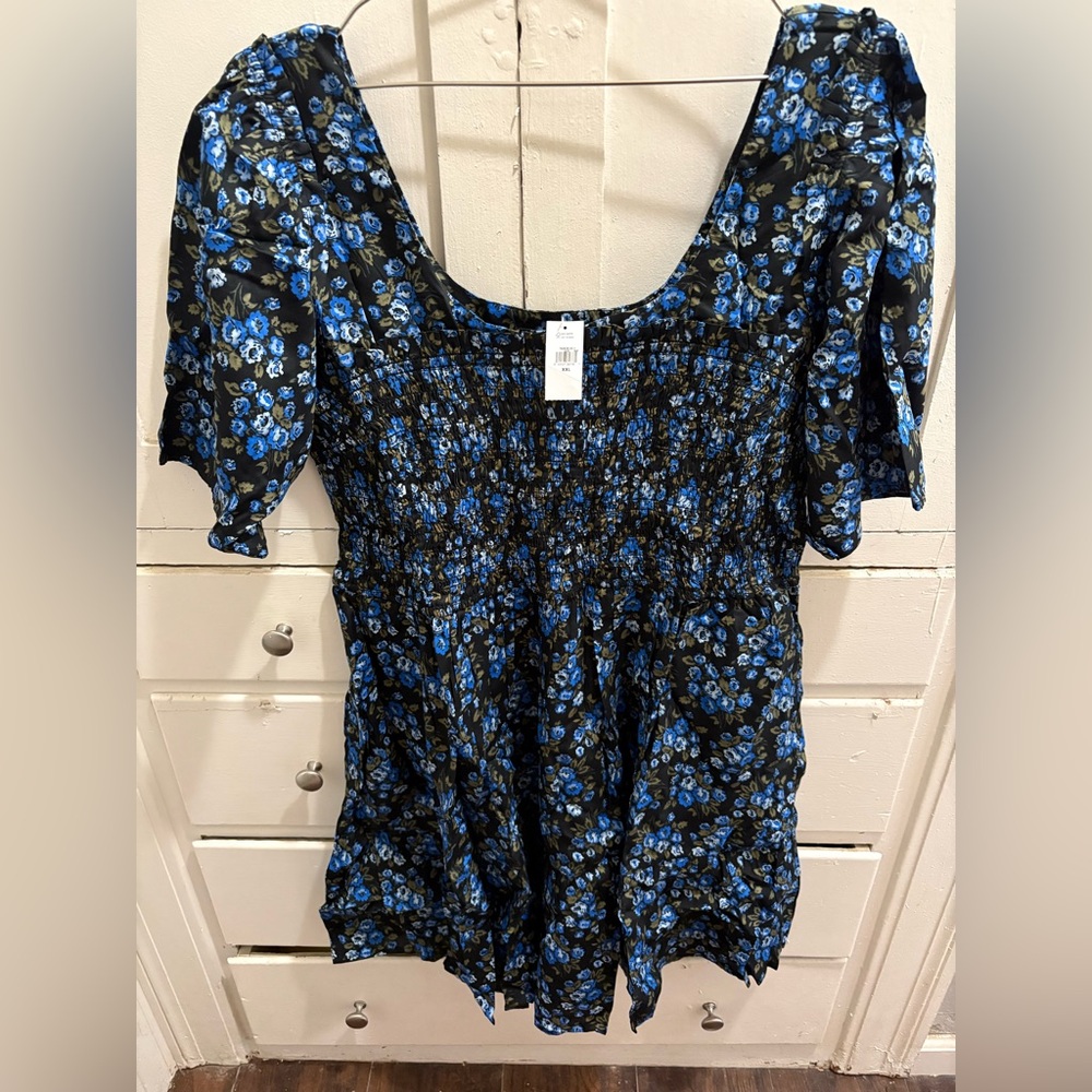 NWT GAP XXL Blue/Black Ditsy Floral Cotton Smocked Dress